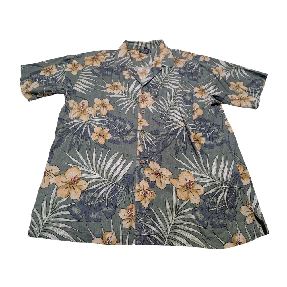 Cherokee‎ Shirt Mens XL Green Floral Tropical Hibiscus Short Sleeve Button Up